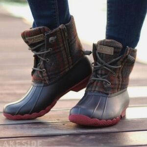 Sperry Saltwater Plaid Duck Boots Rubber Wool Waterproof Rain Boots Navy Blue